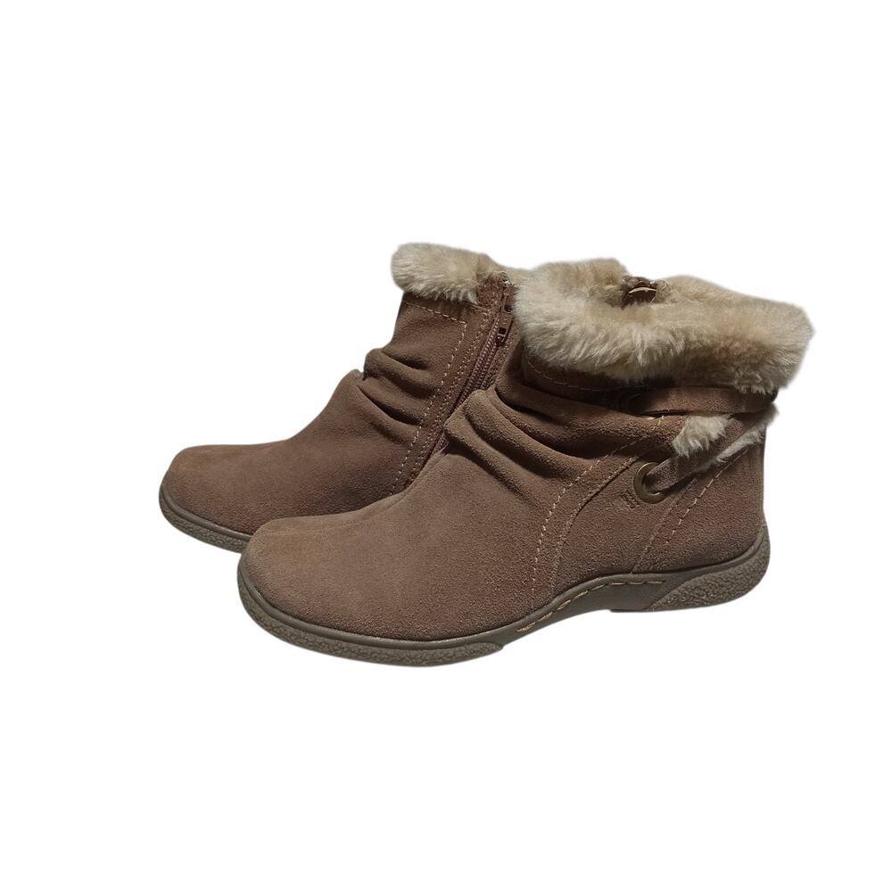 Liz & Co Women's 7M Ruched Suede Ankle Booties Tan Faux Fur Lined Side Zip
